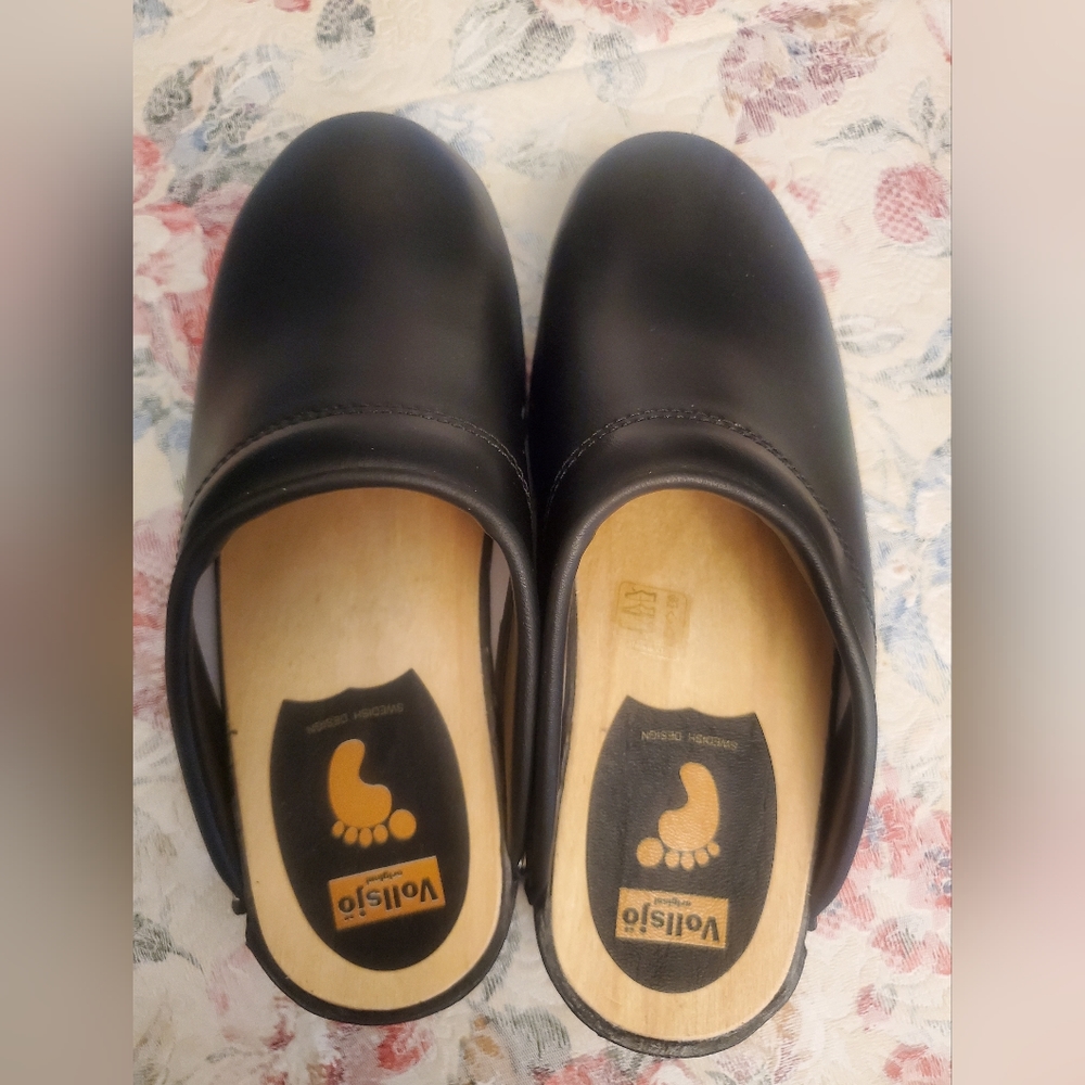 New Vollsja Size 8 Women Black Geniune Leather Wooden Clogs Made in EU
